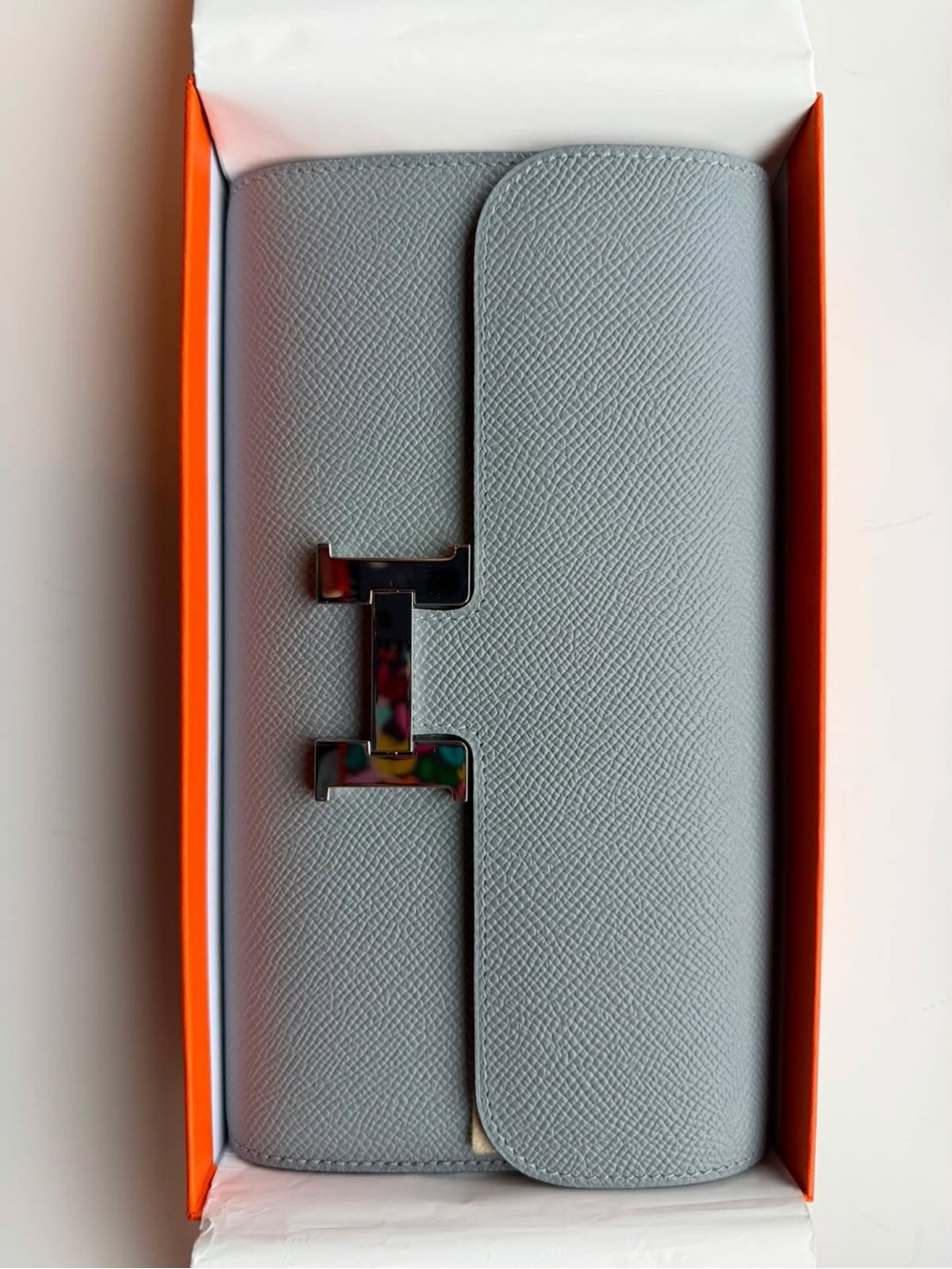 Hermes Gris Panton Gray Leather Clutch with H Logo Closure